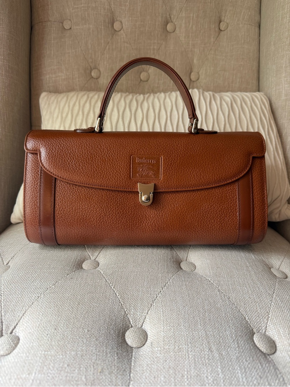 Vintage Burberrys Brown Pebbled Leather Top Handle Satchel Bag Check Lined - Picture 2 of 11